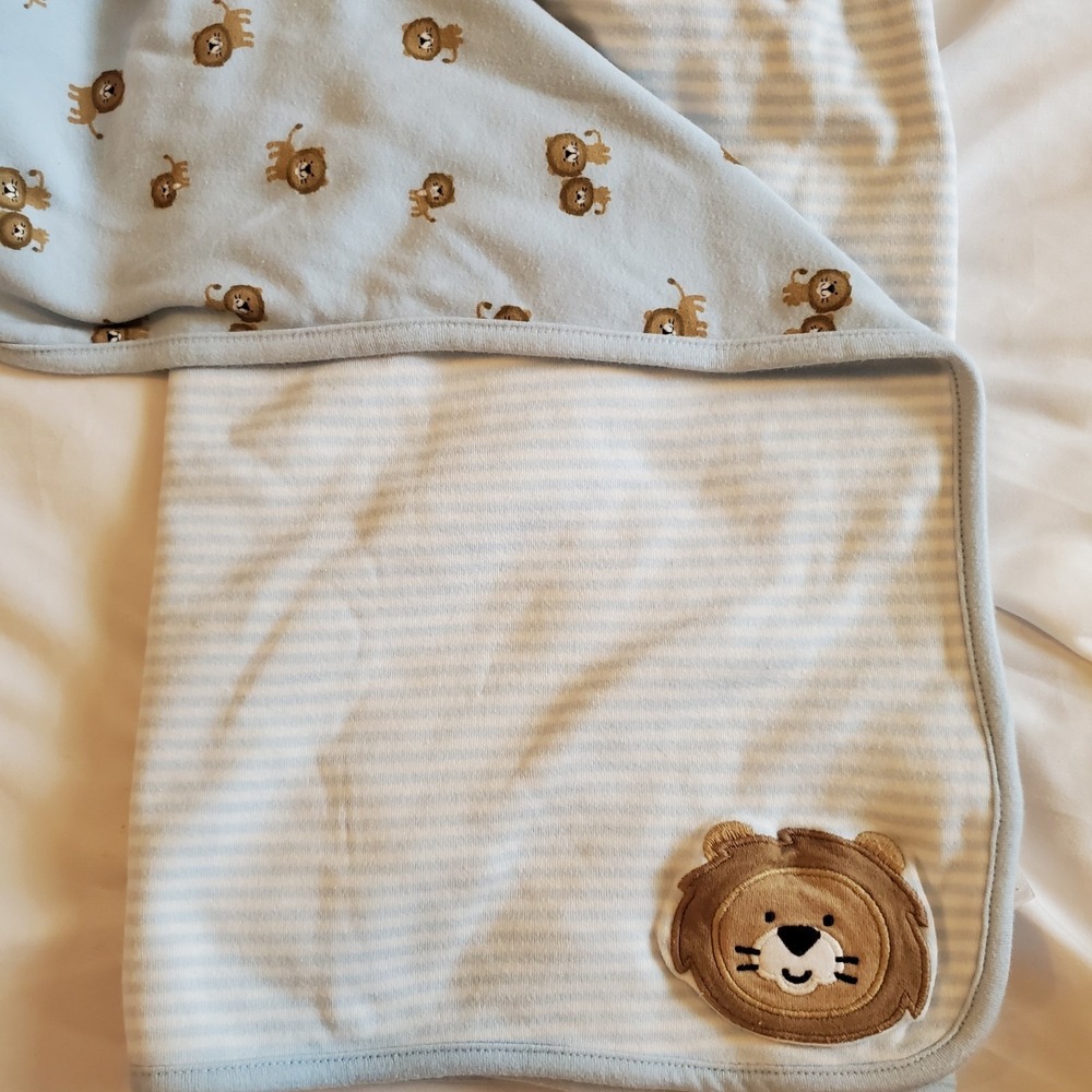 Carters Just One You Lion Baby Blanket Blue Stripe Cotton Reversible Vintage Boy